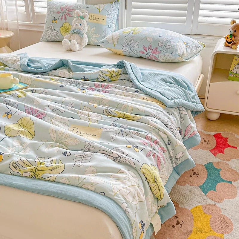 100% Cotton Summer Cool Quilt with Pure Cotton Filling Thin Air Conditioning Blanket Lightweight Breathable Quilts Printed Style