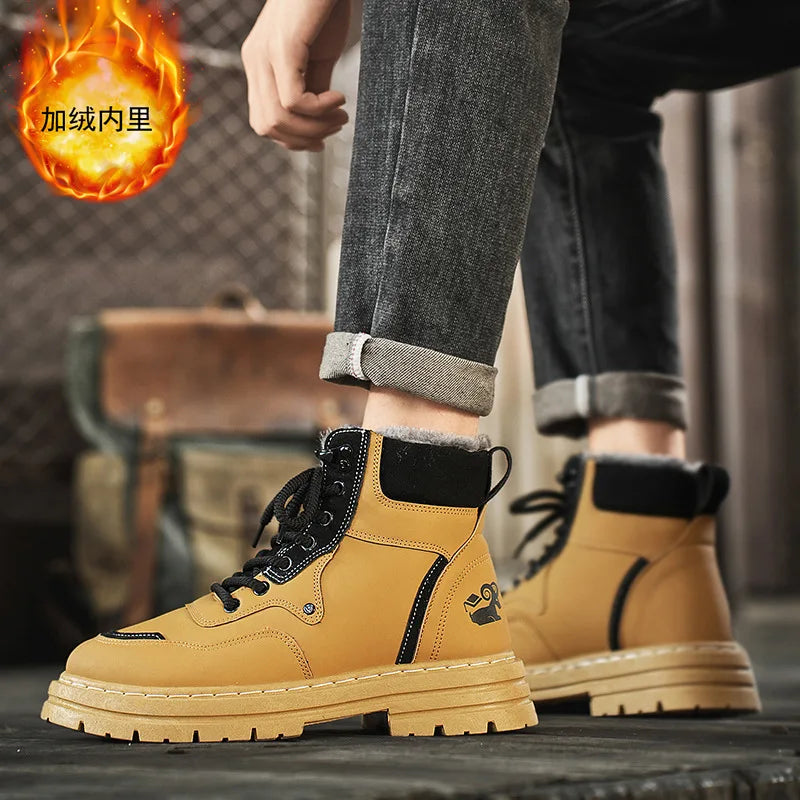 Winter Men's Boots Warm Plush Outdoor Cotton Shoes Black Size 48 Waterproof Lace Up Anti Slip Fashion Cold Resistant Men's Shoes