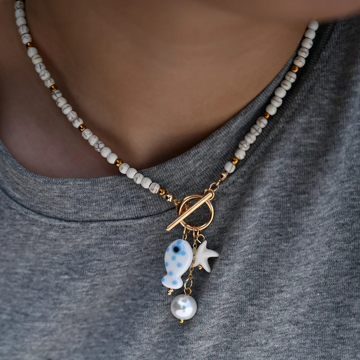 ZAKOL Bohemian Sea-Inspired Ceramic Fish & Starfish Pendant Necklace Dopamine Rainbow Color Beads Necklaces Beach Jewelry