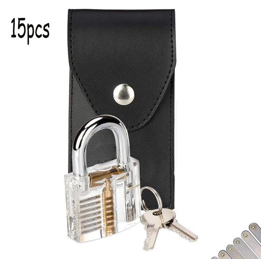 15pcs Stainless Steel Lockpick Tools with Handle,Cheap and Useful Locksmith Tools Set with Locks for Beginner,Hard Materials