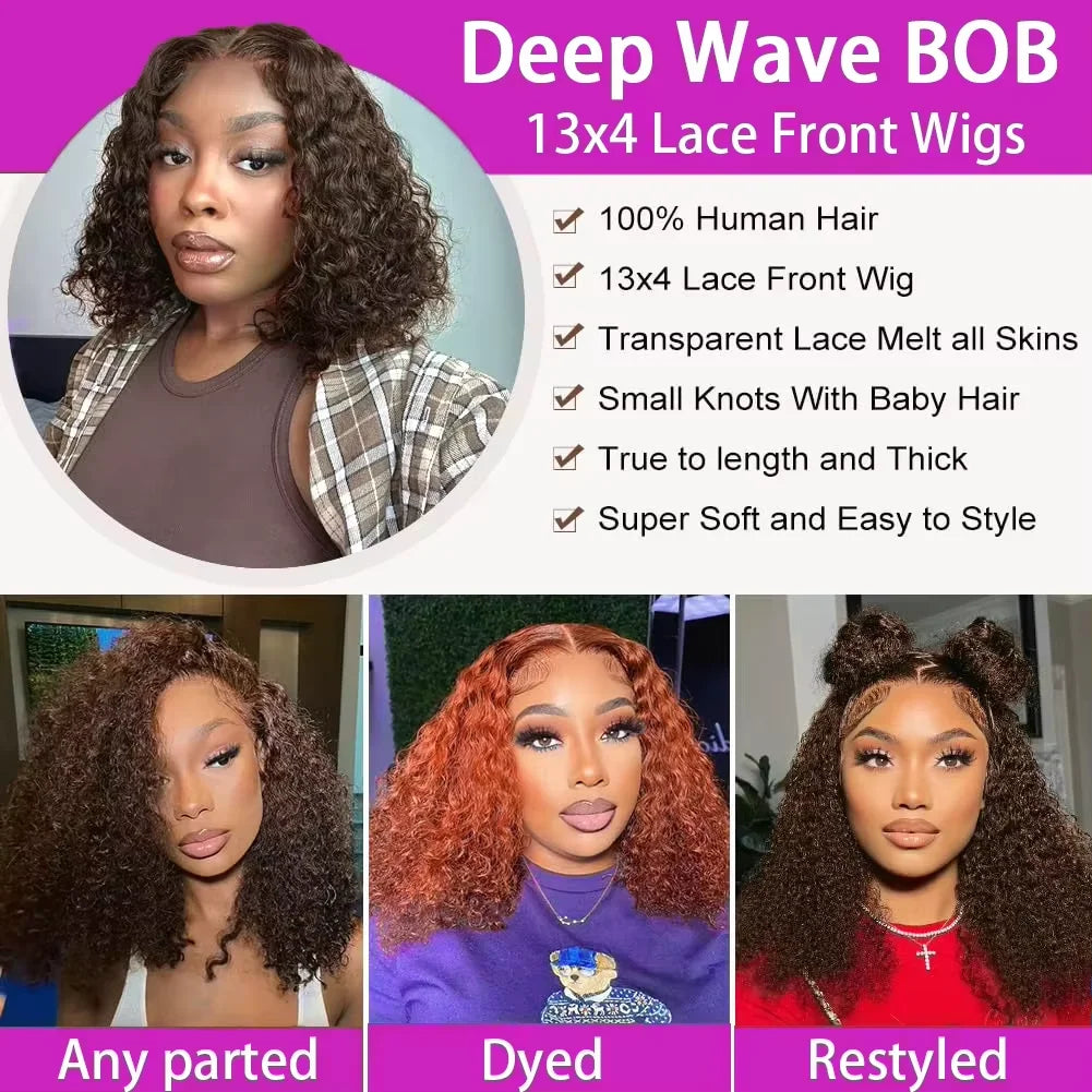 13x4 Lace Front Wigs For Black Women Brazilian Dark Brown Curly Bob Wig Short Deep Wave Human Hair Lace Frontal Wigs Colored Bob