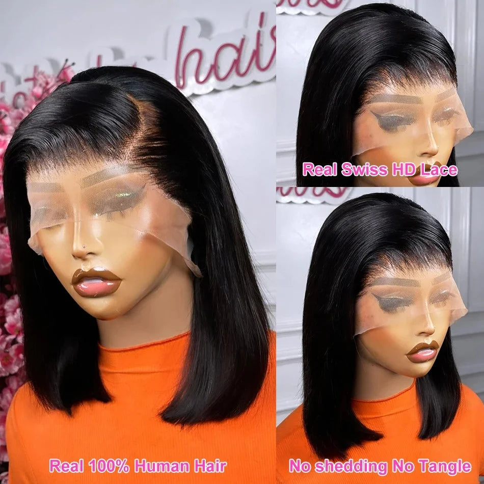 100% Vietnamese Super Double Drawn Bone Straight 13x4 Frontal Bob Wig with Human Hair Natural Black 210% Density For Black Women