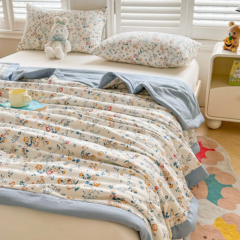 100% Cotton Summer Cool Quilt with Pure Cotton Filling Thin Air Conditioning Blanket Lightweight Breathable Quilts Printed Style