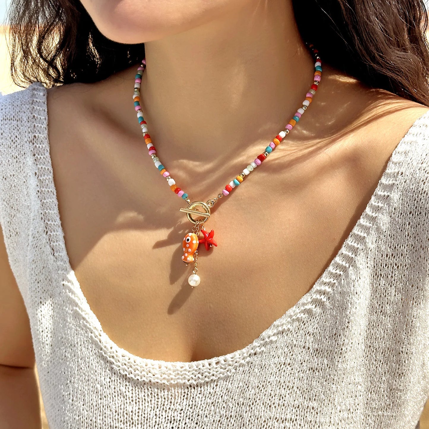 ZAKOL Bohemian Sea-Inspired Ceramic Fish & Starfish Pendant Necklace Dopamine Rainbow Color Beads Necklaces Beach Jewelry