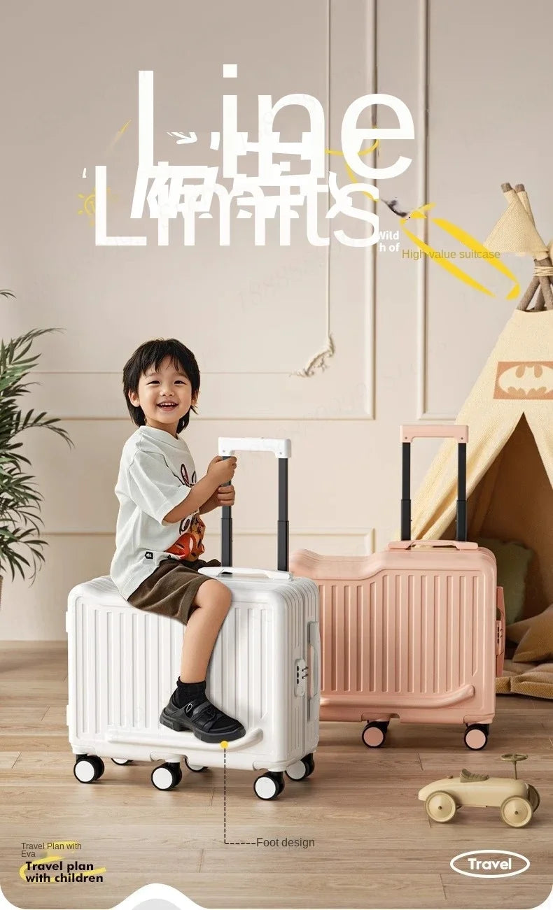 20 inch Children Small Suitcase Boy Ride on Luggage Trolley Case Girl Boarding Cabin Trip Travel Bag Password Security Lock Leat