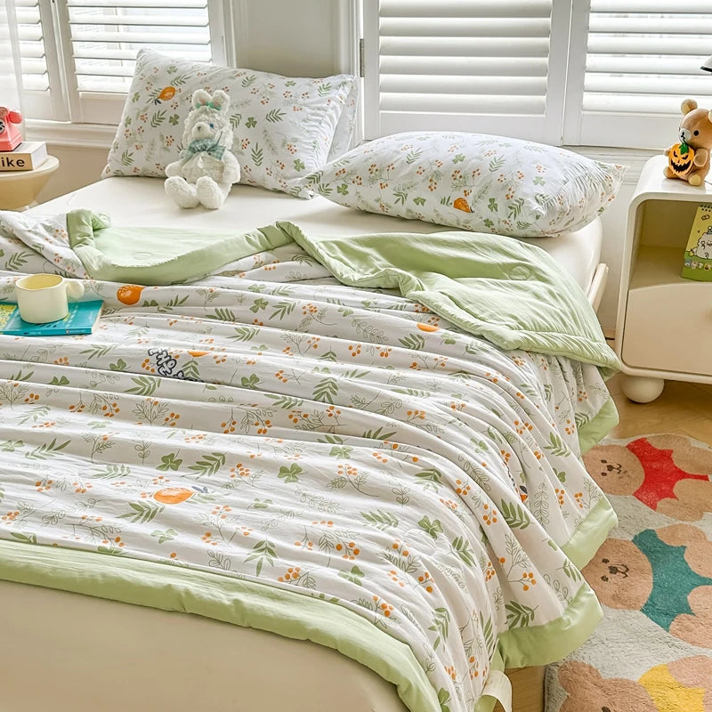100% Cotton Summer Cool Quilt with Pure Cotton Filling Thin Air Conditioning Blanket Lightweight Breathable Quilts Printed Style