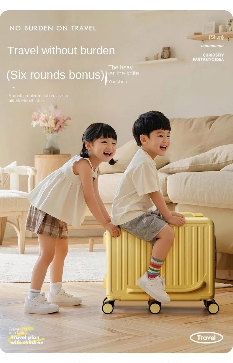 20 inch Children Small Suitcase Boy Ride on Luggage Trolley Case Girl Boarding Cabin Trip Travel Bag Password Security Lock Leat