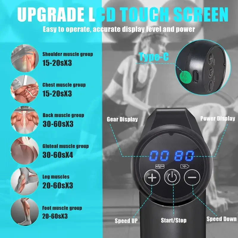 1200-9800 rpm High-Power Deep Muscle Massage Gun Electric Massager with 8 Heads For Body Neck Back Leg Fitness Tool 30 Levels