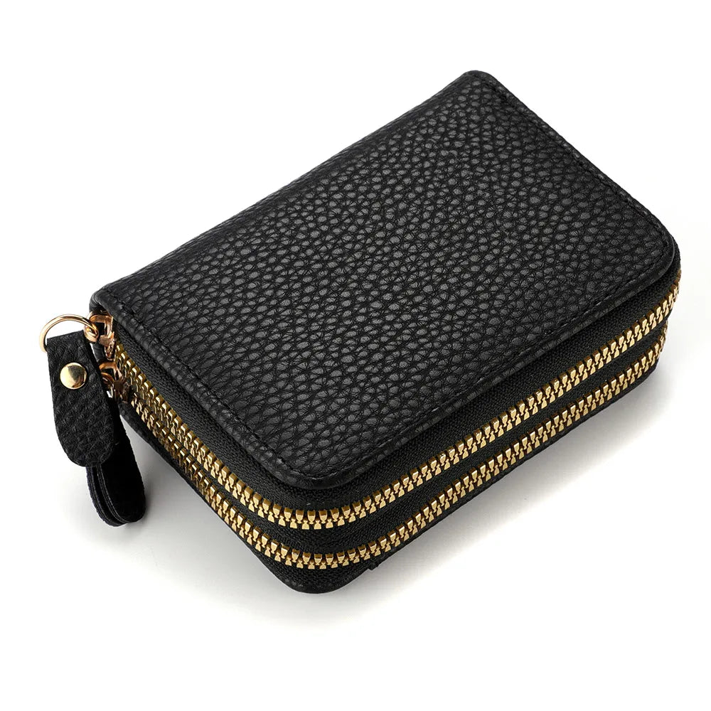 Women's Leather Credit Card Holder Double Zipper with ID Window and Coin Purse - Securely Store and Organize Your Cards with Lar