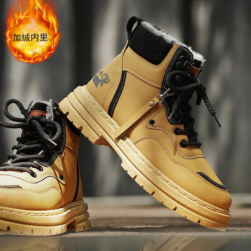 Winter Men's Boots Warm Plush Outdoor Cotton Shoes Black Size 48 Waterproof Lace Up Anti Slip Fashion Cold Resistant Men's Shoes