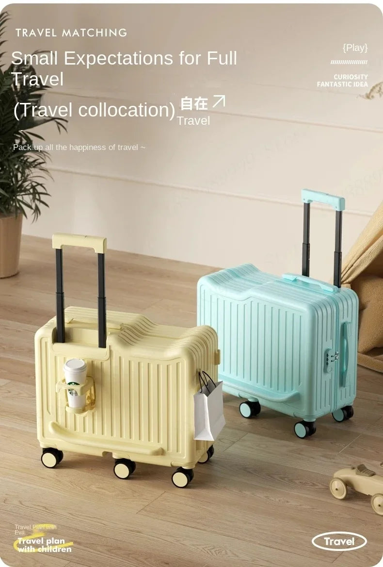 20 inch Children Small Suitcase Boy Ride on Luggage Trolley Case Girl Boarding Cabin Trip Travel Bag Password Security Lock Leat
