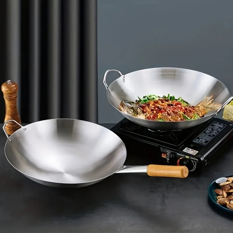 1pc Large Stainless Steel Wok, Uncoated Thick High-Quality Durable Chef'S Pan with Dual Handles, Easy to Clean for Commercial