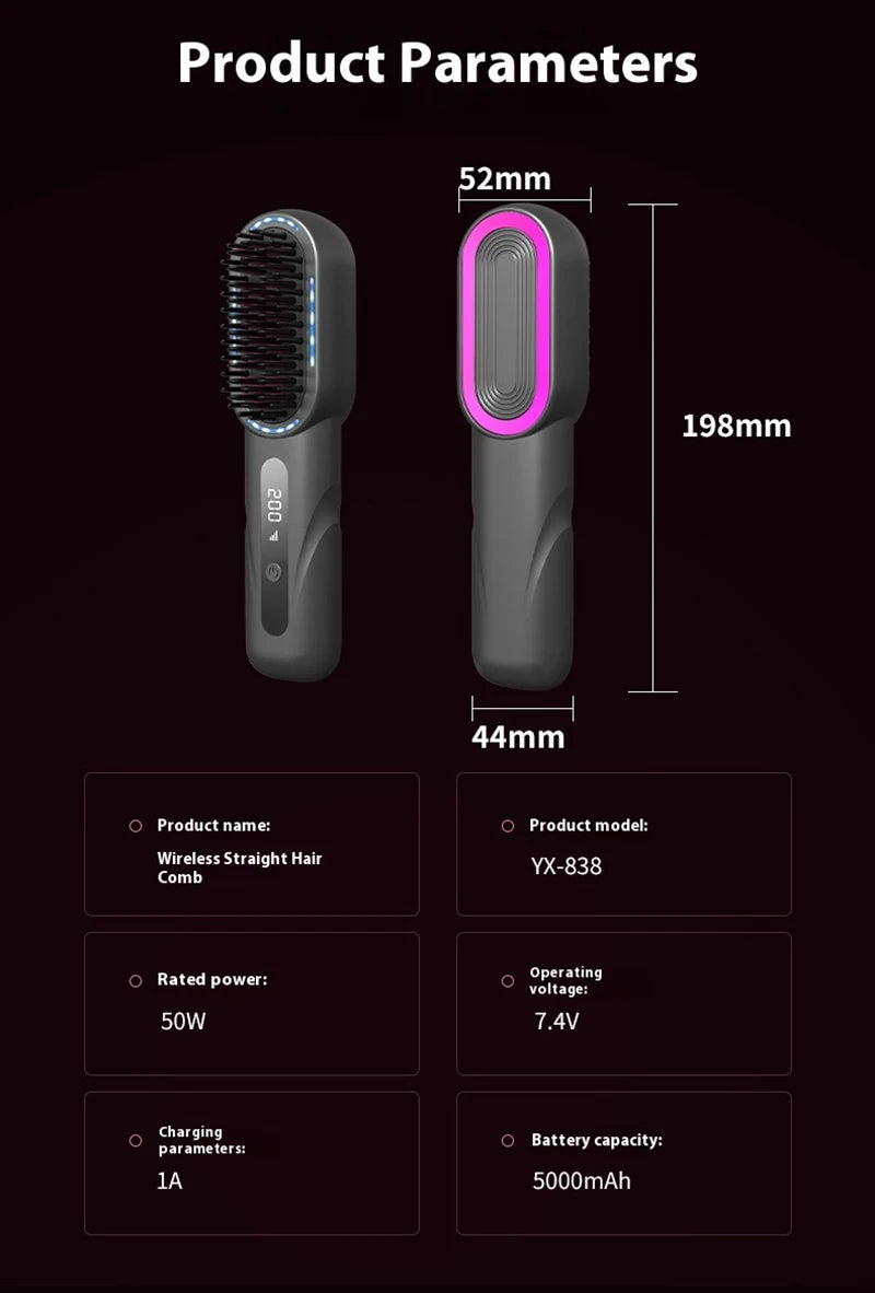 Wireless Straight Curling Hair Comb Heating Negative Ion Hair Straightener Rechargeable Anti-scalding Electric Hair Care Brushes