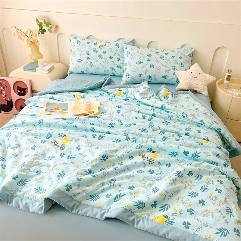 100% Cotton Summer Cool Quilt with Pure Cotton Filling Thin Air Conditioning Blanket Lightweight Breathable Quilts Printed Style