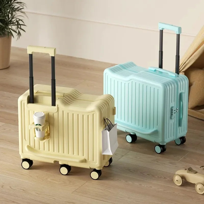 20 inch Children Small Suitcase Boy Ride on Luggage Trolley Case Girl Boarding Cabin Trip Travel Bag Password Security Lock Leat