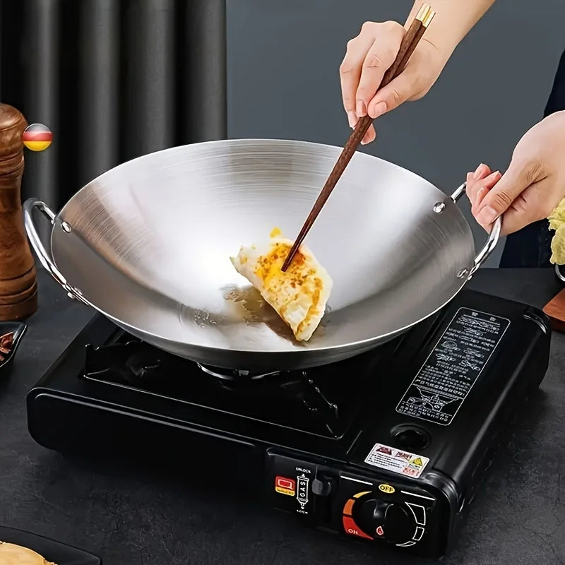 1pc Large Stainless Steel Wok, Uncoated Thick High-Quality Durable Chef'S Pan with Dual Handles, Easy to Clean for Commercial