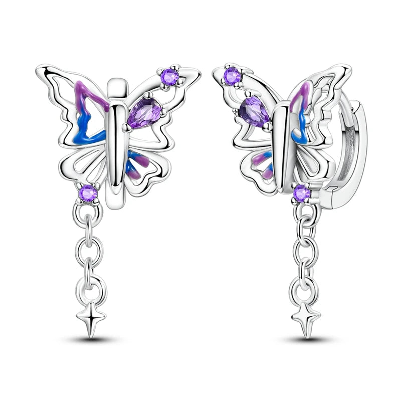 100% 925 Sterling Silver Colorful Butterfly Bee Ladybug Rainbow Flower Earrings For Women Fashion Birthday Party Jewelry Gifts