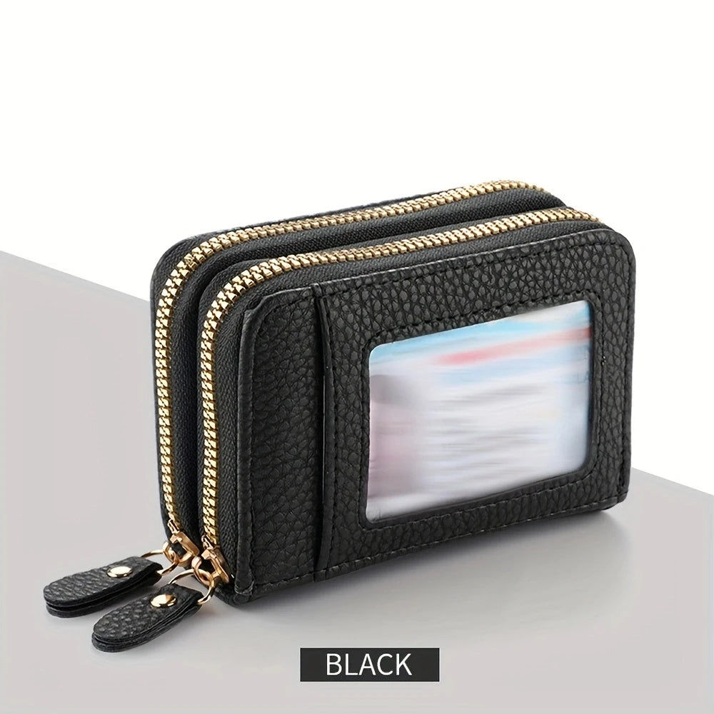 Women's Leather Credit Card Holder Double Zipper with ID Window and Coin Purse - Securely Store and Organize Your Cards with Lar