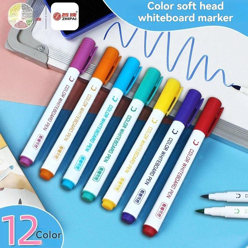 12 Colors Brush Tip Erasable Whiteboard Pen set Blackboard Marker School Office Art Writing Stationery White Board Marker Pen