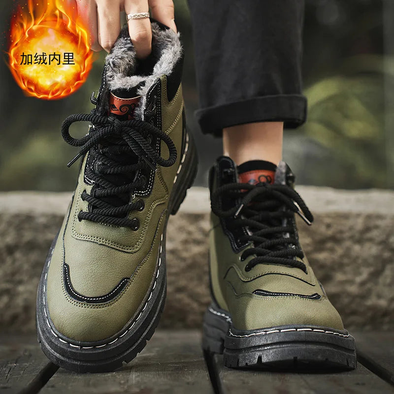 Winter Men's Boots Warm Plush Outdoor Cotton Shoes Black Size 48 Waterproof Lace Up Anti Slip Fashion Cold Resistant Men's Shoes