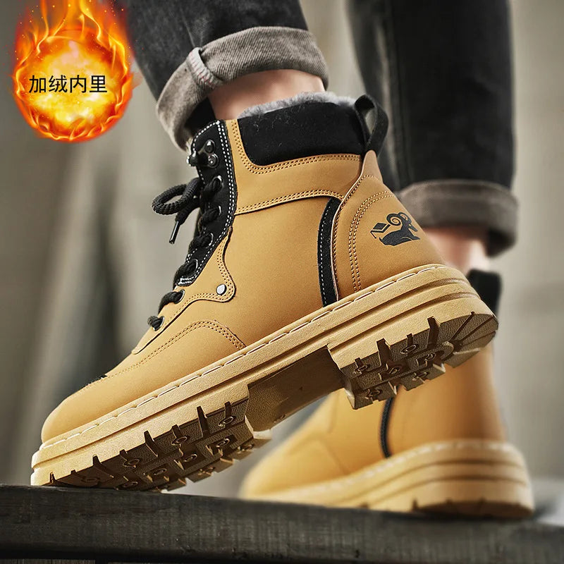 Winter Men's Boots Warm Plush Outdoor Cotton Shoes Black Size 48 Waterproof Lace Up Anti Slip Fashion Cold Resistant Men's Shoes
