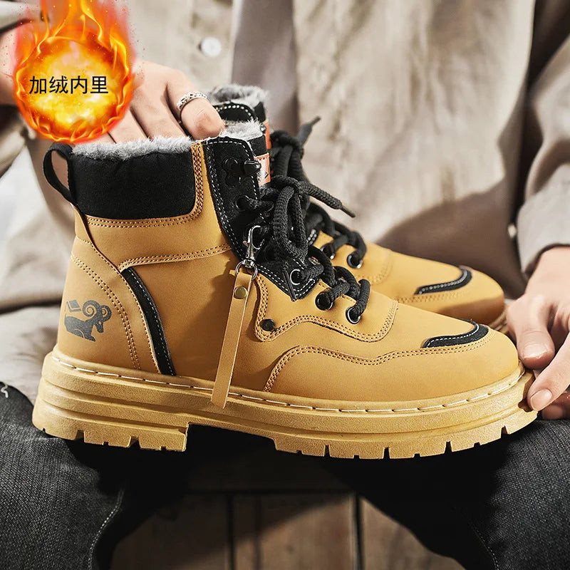 Winter Men's Boots Warm Plush Outdoor Cotton Shoes Black Size 48 Waterproof Lace Up Anti Slip Fashion Cold Resistant Men's Shoes