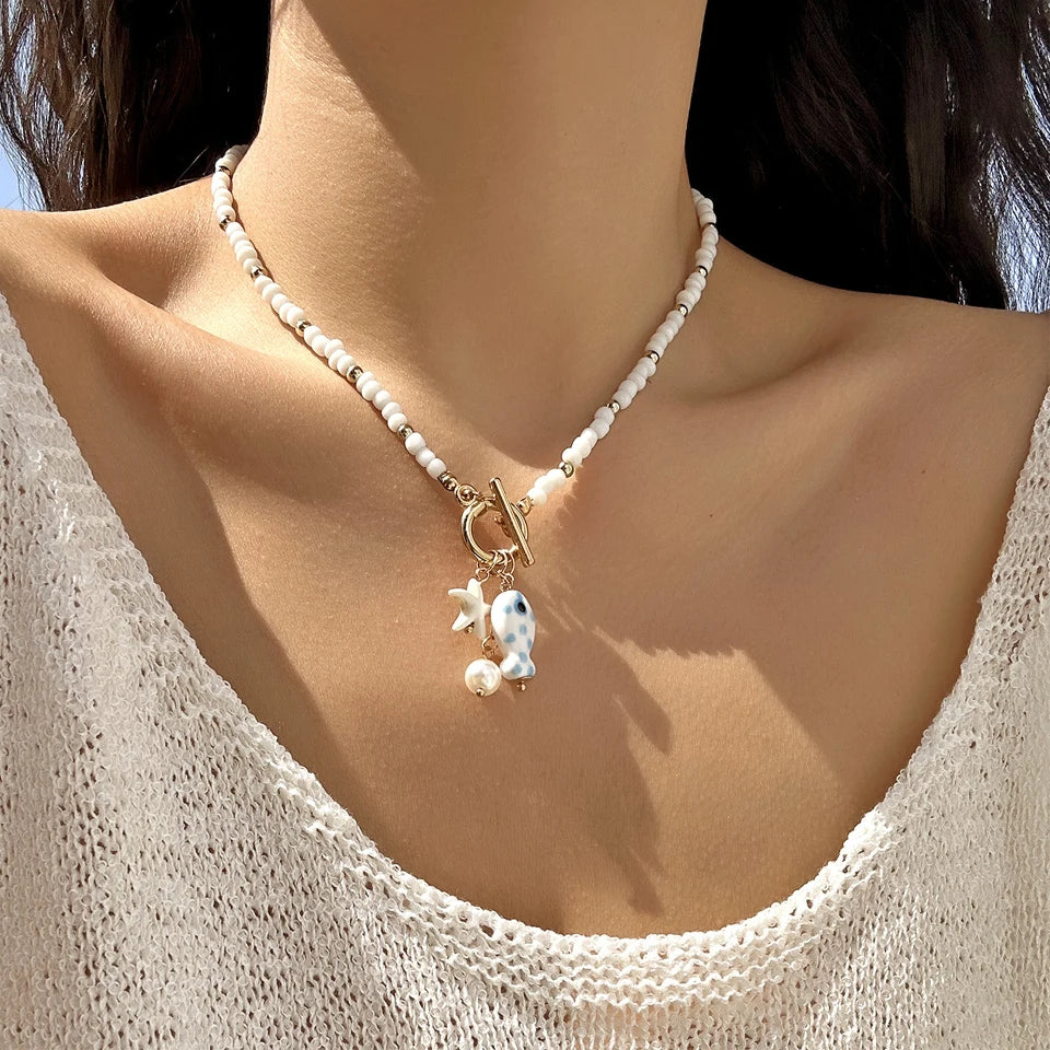 ZAKOL Bohemian Sea-Inspired Ceramic Fish & Starfish Pendant Necklace Dopamine Rainbow Color Beads Necklaces Beach Jewelry
