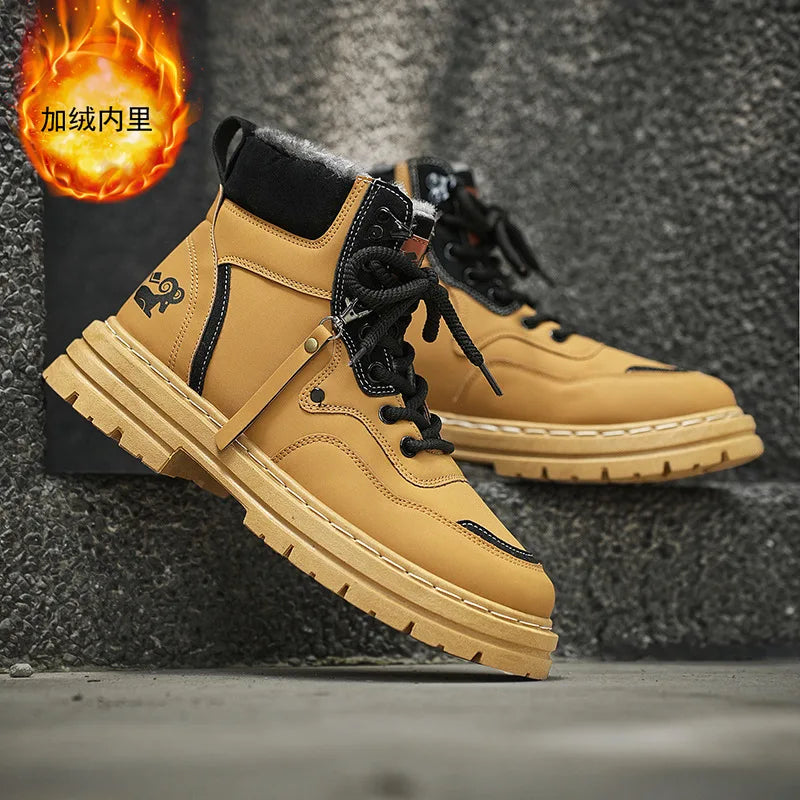 Winter Men's Boots Warm Plush Outdoor Cotton Shoes Black Size 48 Waterproof Lace Up Anti Slip Fashion Cold Resistant Men's Shoes