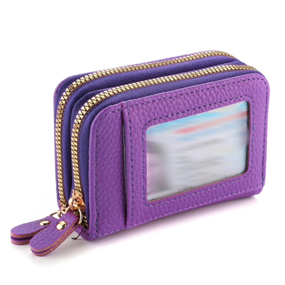 Women's Leather Credit Card Holder Double Zipper with ID Window and Coin Purse - Securely Store and Organize Your Cards with Lar