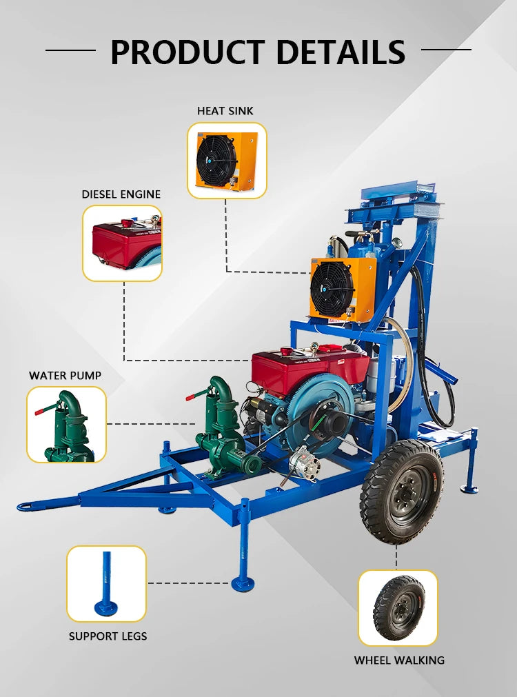 100m 150m Portable Water Well Drilling Rig Machine Small Diesel Water Well Drill Machines Trailer-mounted Factory Direct Sales