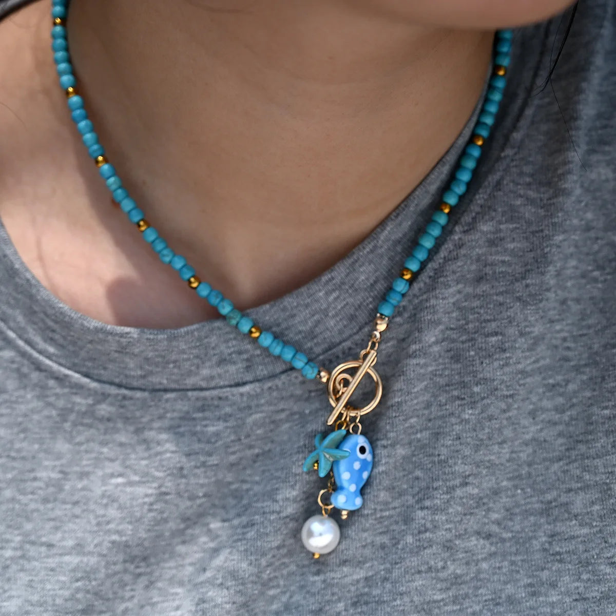 ZAKOL Bohemian Sea-Inspired Ceramic Fish & Starfish Pendant Necklace Dopamine Rainbow Color Beads Necklaces Beach Jewelry