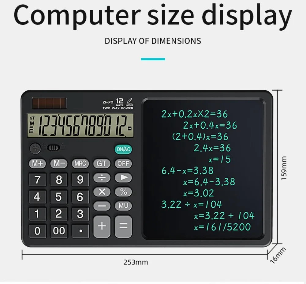12 Digits 2in1 Calculator Solar Power with Writing Pad Standard Function Calculator 6 inch Dual Stylus Pen Drawing Pad
