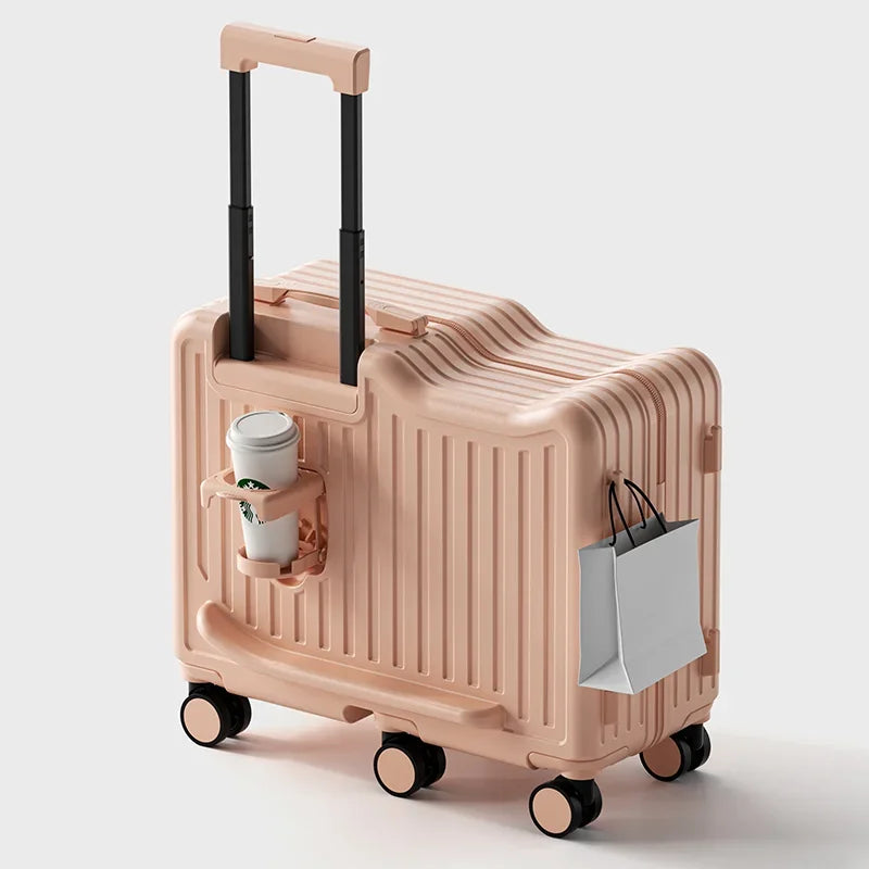 20 inch Children Small Suitcase Boy Ride on Luggage Trolley Case Girl Boarding Cabin Trip Travel Bag Password Security Lock Leat