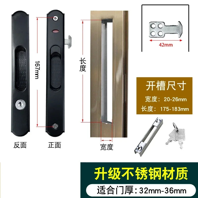 1set of zinc alloy 90 type sliding door lock buckle strip double-sided lock broken bridge aluminum alloy door hook lock with key