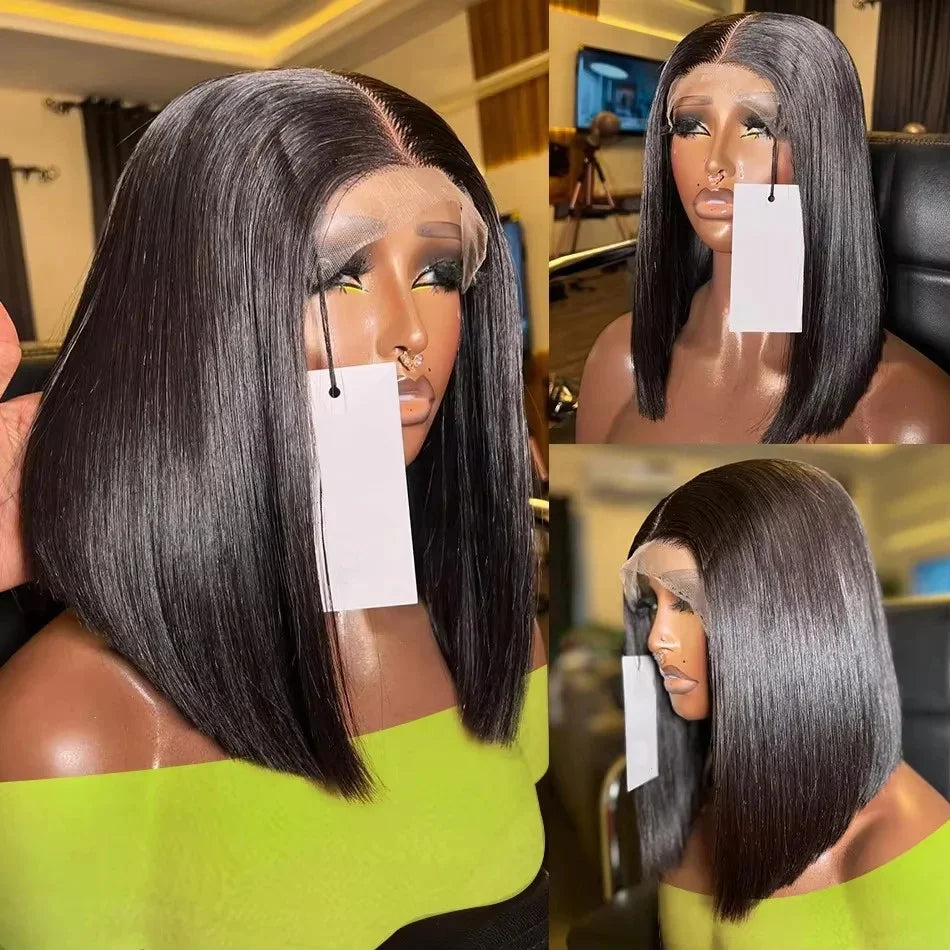 100% Vietnamese Super Double Drawn Bone Straight 13x4 Frontal Bob Wig with Human Hair Natural Black 210% Density For Black Women