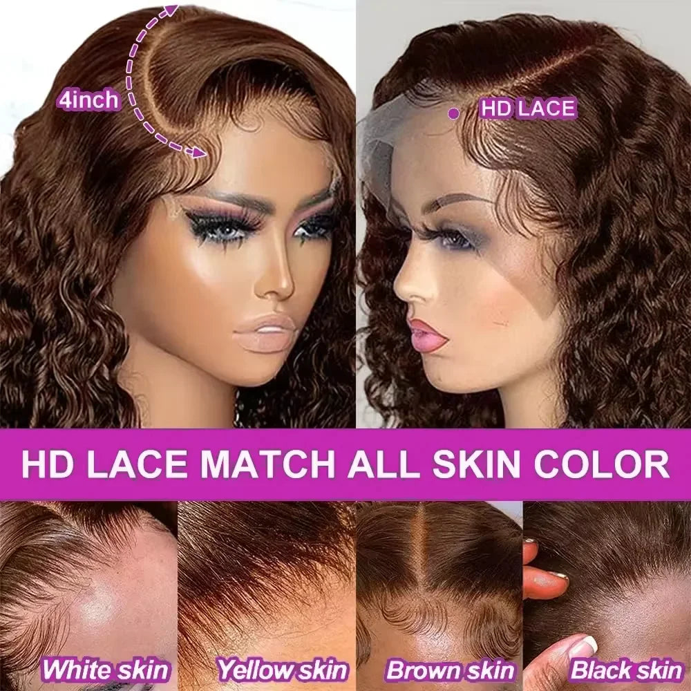 13x4 Lace Front Wigs For Black Women Brazilian Dark Brown Curly Bob Wig Short Deep Wave Human Hair Lace Frontal Wigs Colored Bob