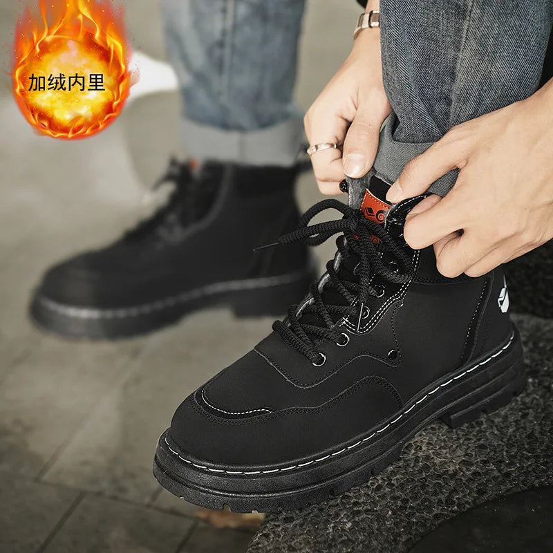 Winter Men's Boots Warm Plush Outdoor Cotton Shoes Black Size 48 Waterproof Lace Up Anti Slip Fashion Cold Resistant Men's Shoes