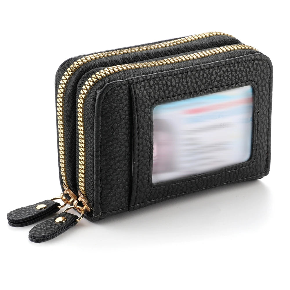 Women's Leather Credit Card Holder Double Zipper with ID Window and Coin Purse - Securely Store and Organize Your Cards with Lar