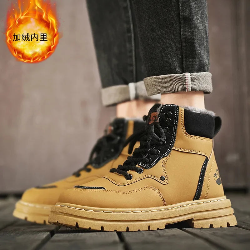 Winter Men's Boots Warm Plush Outdoor Cotton Shoes Black Size 48 Waterproof Lace Up Anti Slip Fashion Cold Resistant Men's Shoes
