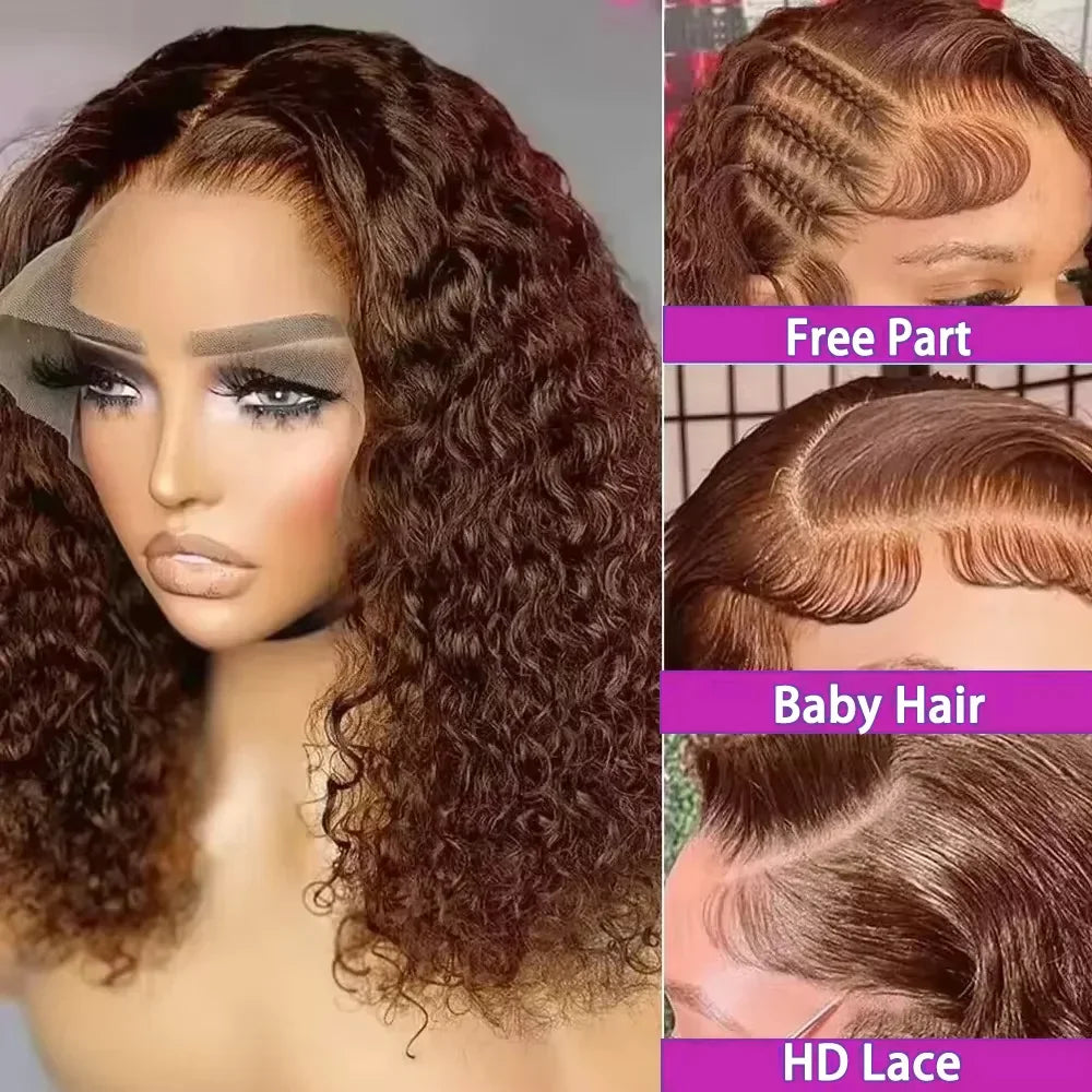 13x4 Lace Front Wigs For Black Women Brazilian Dark Brown Curly Bob Wig Short Deep Wave Human Hair Lace Frontal Wigs Colored Bob