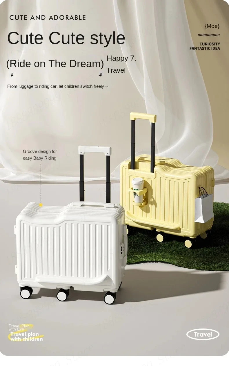 20 inch Children Small Suitcase Boy Ride on Luggage Trolley Case Girl Boarding Cabin Trip Travel Bag Password Security Lock Leat