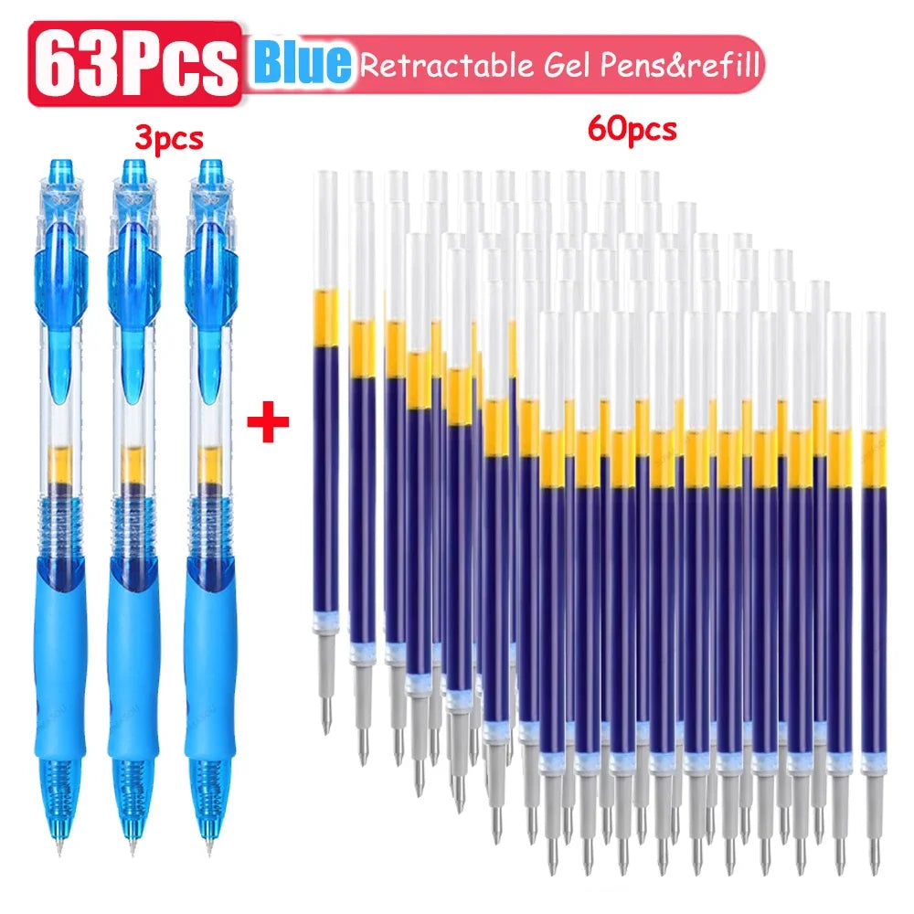 1-63Pc Retractable Gel Pens Set Black/red/blue Ink Ballpoint for Writing 0.5mm Refills Office Accessory School Supply Stationery