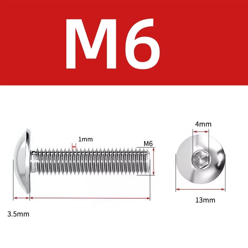 10pcs 304 Stainless steel Big Flat Round Head Inner Hexagon Screw Bolt M6 6mm M5 for Motorcycle Scooter ATV Moped Plastic Cover