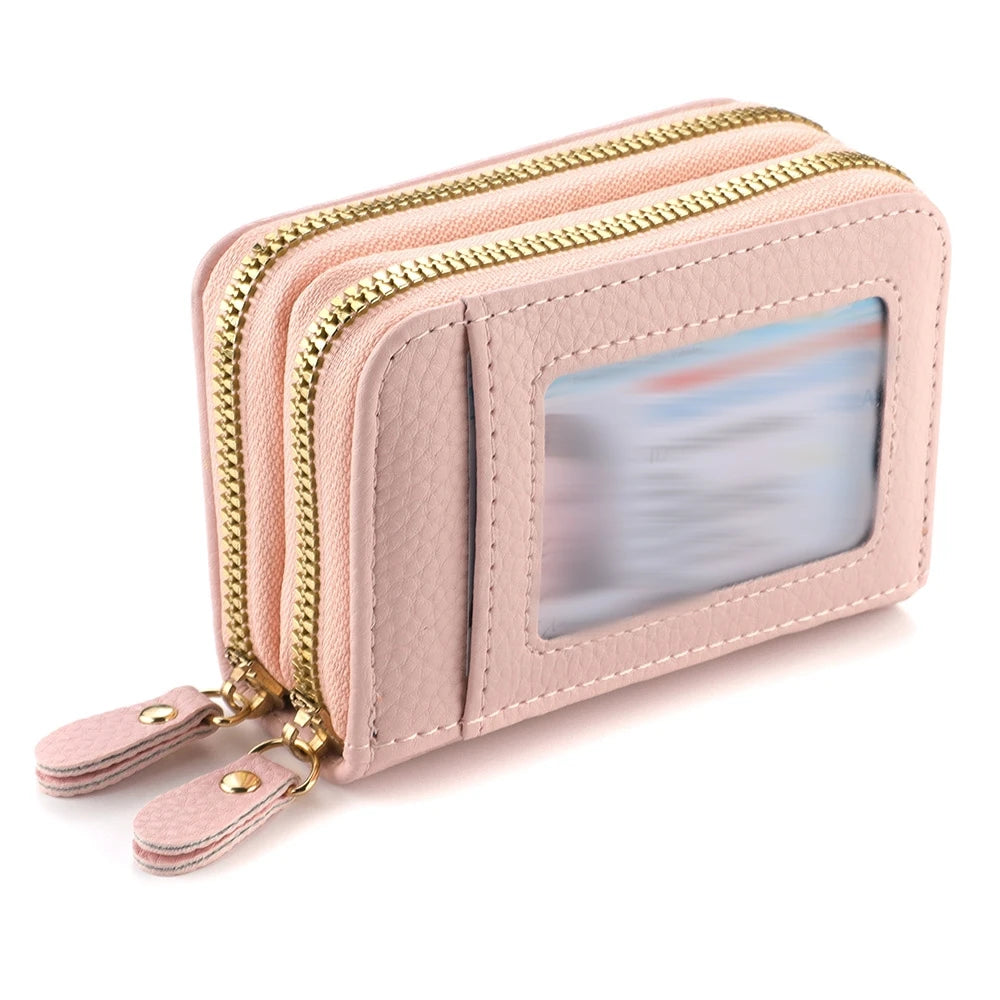 Women's Leather Credit Card Holder Double Zipper with ID Window and Coin Purse - Securely Store and Organize Your Cards with Lar