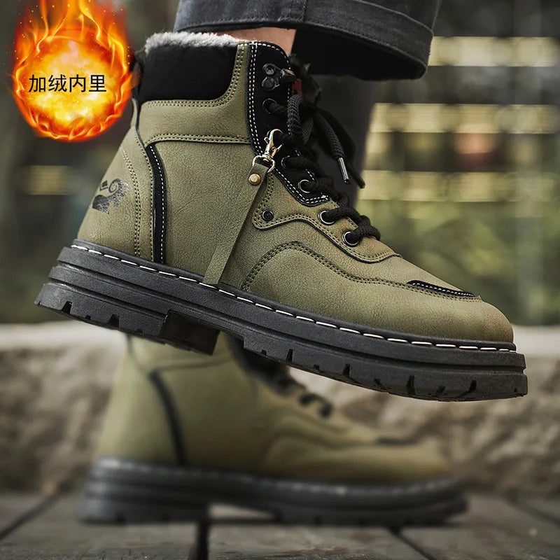 Winter Men's Boots Warm Plush Outdoor Cotton Shoes Black Size 48 Waterproof Lace Up Anti Slip Fashion Cold Resistant Men's Shoes