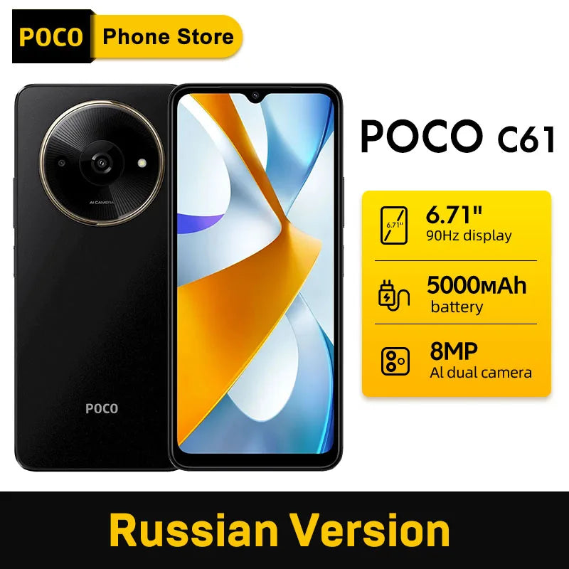 【Russian Version】POCO C61 Cellphone 5000mAh Battery MediaTek Helio G36 8MP Al dual camera 6.71" DotDrop display