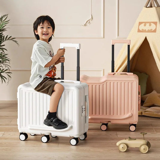 20 inch Children Small Suitcase Boy Ride on Luggage Trolley Case Girl Boarding Cabin Trip Travel Bag Password Security Lock Leat
