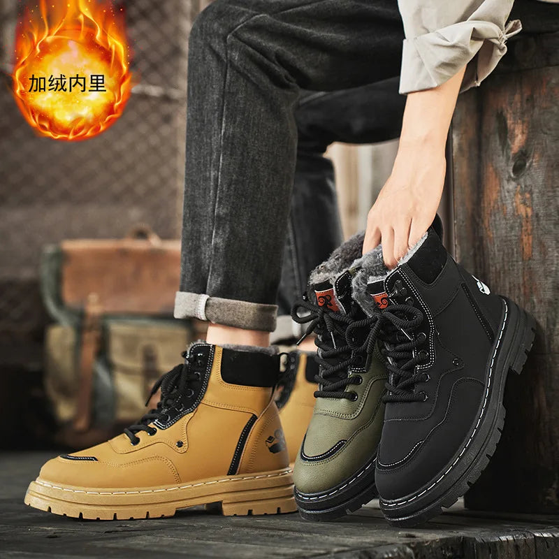 Winter Men's Boots Warm Plush Outdoor Cotton Shoes Black Size 48 Waterproof Lace Up Anti Slip Fashion Cold Resistant Men's Shoes