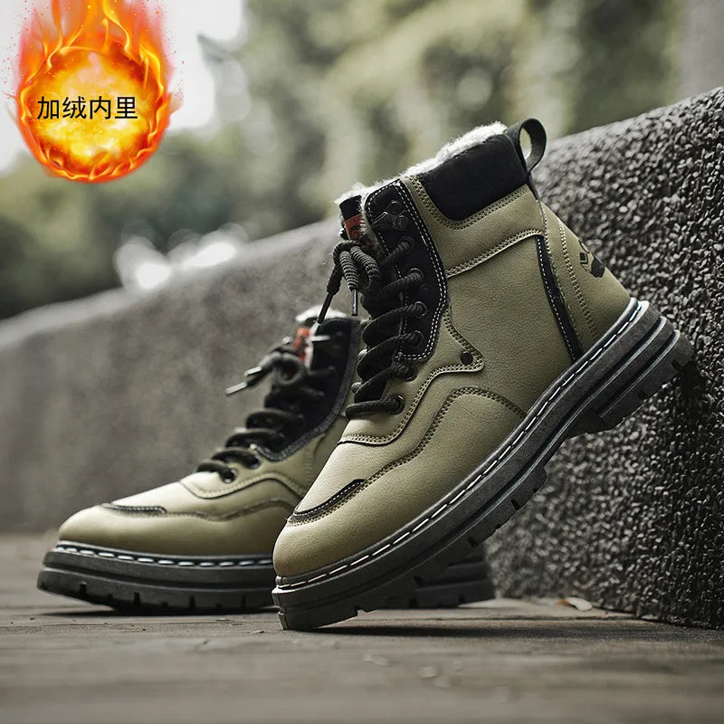 Winter Men's Boots Warm Plush Outdoor Cotton Shoes Black Size 48 Waterproof Lace Up Anti Slip Fashion Cold Resistant Men's Shoes