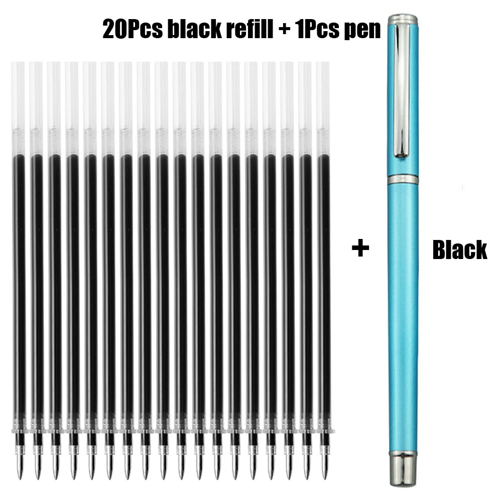 1+20Pcs Metal Gel Ink Sign Pen Rotating 0.5MM Black Switzerland Refill Business Signing School Office Stationery Ballpen